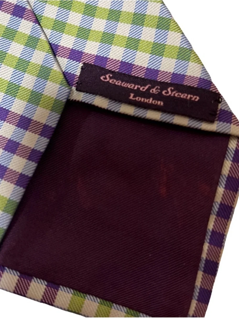 Seaward & Stearn London Handmade Silk Tie – Purple, Green & White Gingham Plaid